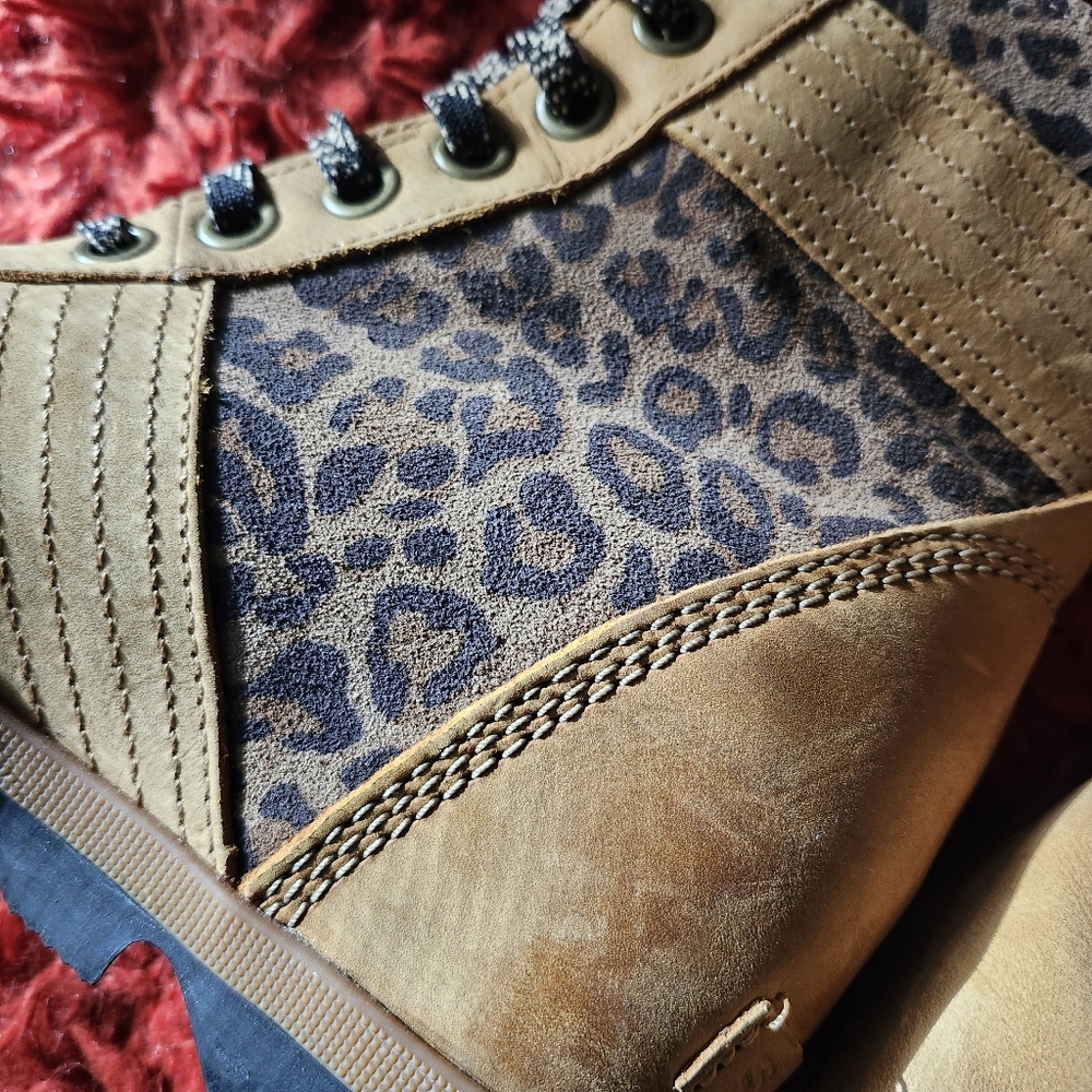 SOREL Women's Lexie Brown Leather Platform Wedge Leopard Print Booties Size 7 - Picture 14 of 16